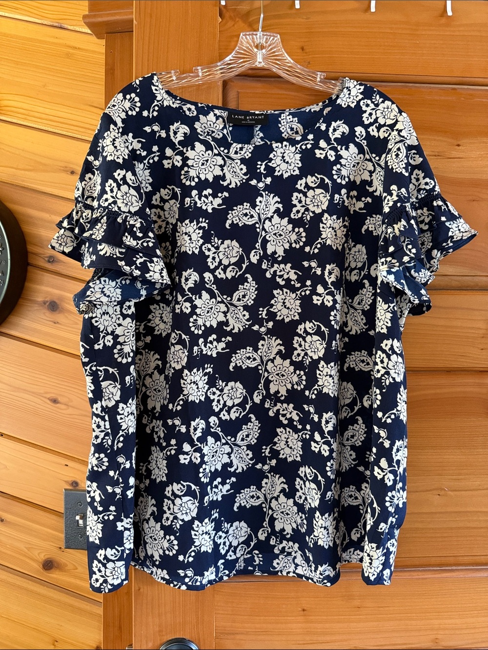 Lane Bryant Navy and White Floral Ruffle Sleeve Top